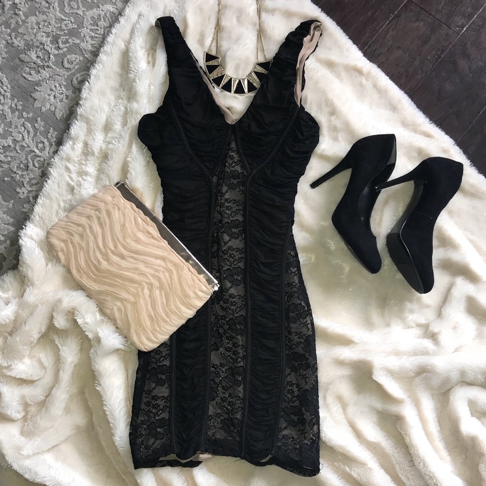 Black lace with nude underlay dress